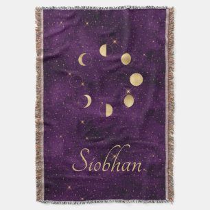 Gold Moon Phases Purple Stars Personalized Throw Blanket