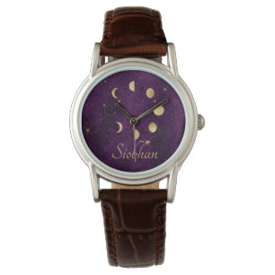 Gold Moon Phases Purple Stars Personalized  Watch