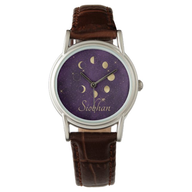Gold Moon Phases Purple Stars Personalized  Watch (Front)