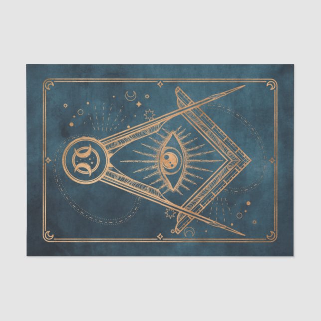 Gold moon stars all seeing eye tarot alchemy blue tissue paper (Front)