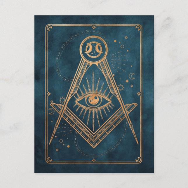 Gold moon stars all seeing eye tarot blue distress postcard (Front)