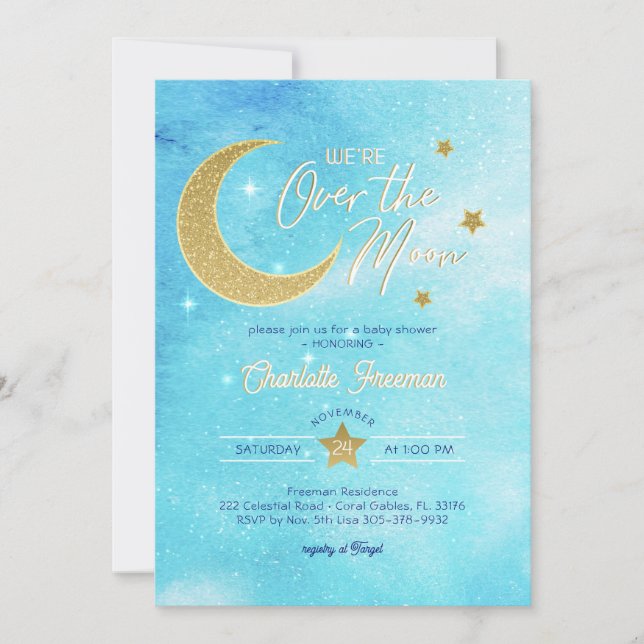 Gold Moon & Stars Blue Watercolor Boy Baby Shower Invitation (Front)