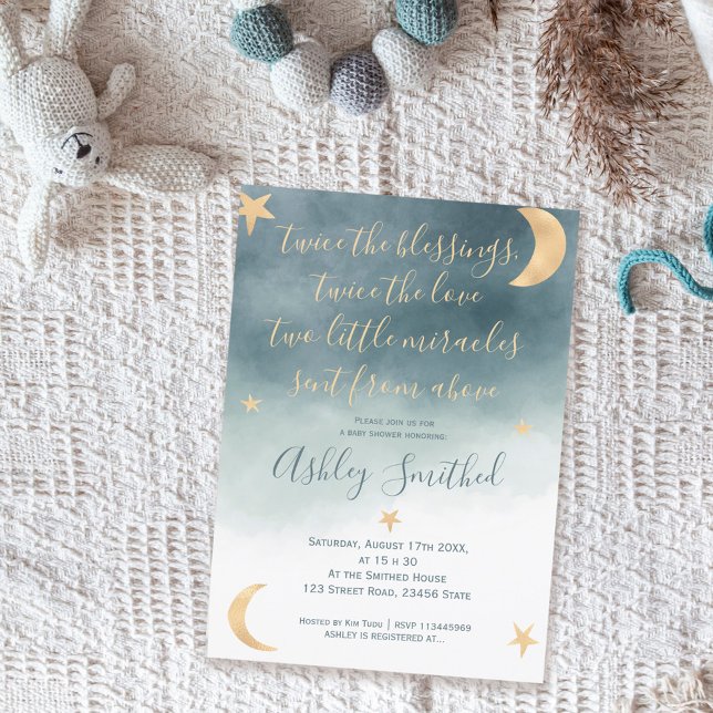 Gold moon stars blue watercolor twins baby shower invitation (Creator Uploaded)