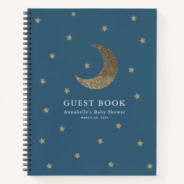 Gold Moon & Stars Marine Blue Baby shower Livre d' (Devant)