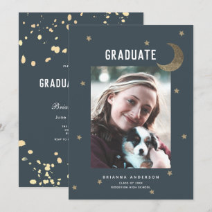 Gold Moon & Stars Navy Blue Graduation Party Invitation