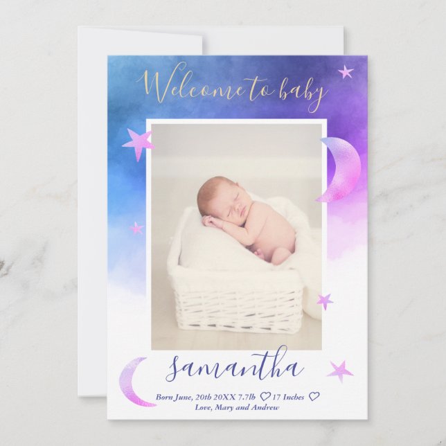 Gold moon stars pink watercolor photo baby birth announcement (Front)