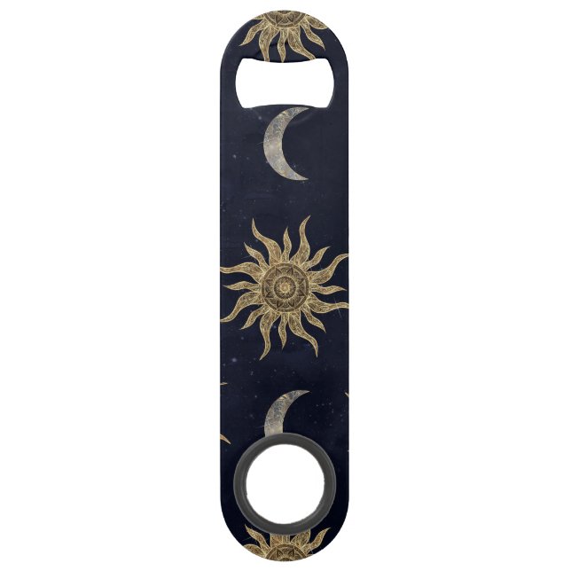 Gold Moon Sun Mandala Blue Night Sky Pattern Bar Key (Front)