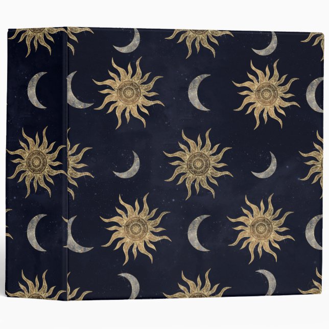 Gold Moon Sun Mandala Blue Night Sky Pattern Binder (Front/Spine)