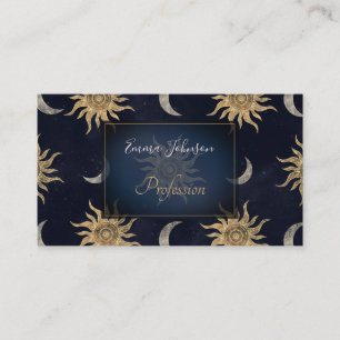 Gold Moon Sun Mandala Blue Night Sky Pattern Business Card