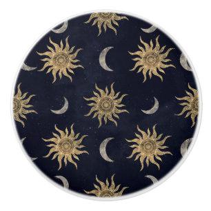 Gold Moon Sun Mandala Blue Night Sky Pattern Ceramic Knob