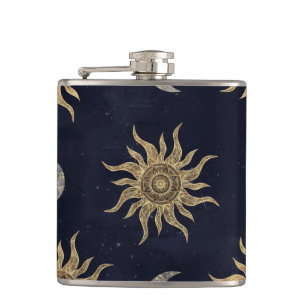 Gold Moon Sun Mandala Blue Night Sky Pattern Hip Flask