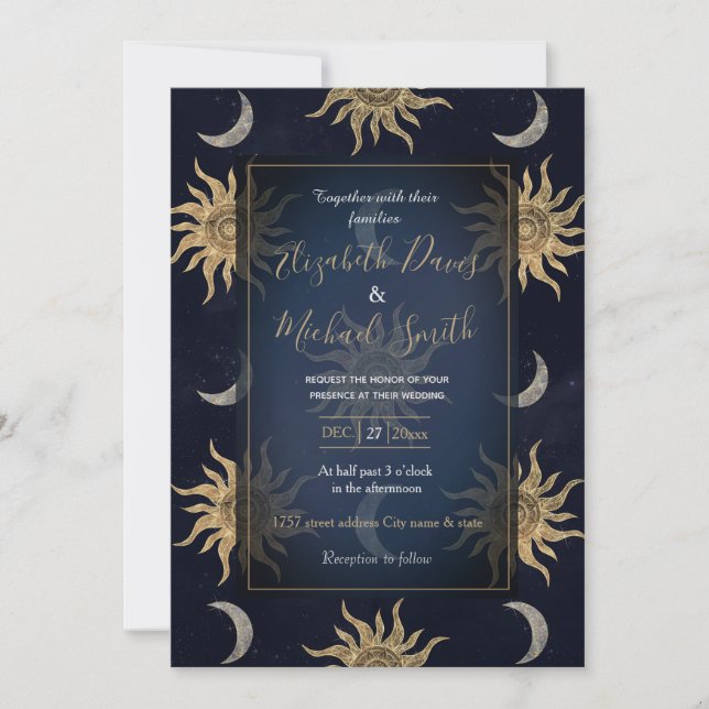Gold Moon Sun Mandala Blue Night Sky Pattern Invitation (Front)