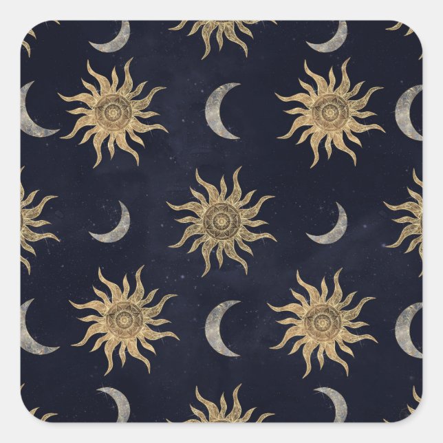 Gold Moon Sun Mandala Blue Night Sky Pattern Square Sticker (Front)
