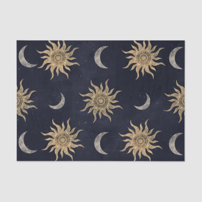 Gold Moon Sun Mandala Blue Night Sky Pattern Tissue Paper (Front)