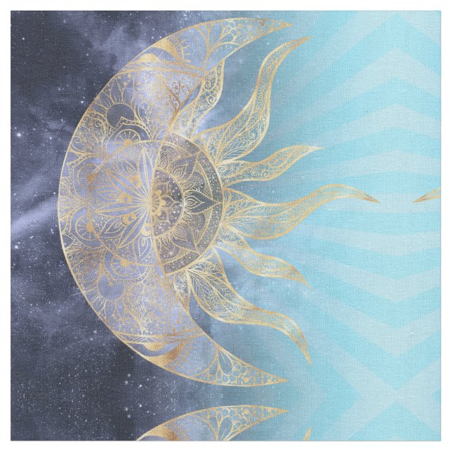 Gold Moon Sun Mandala Celestial Design Fabric (Close Up)