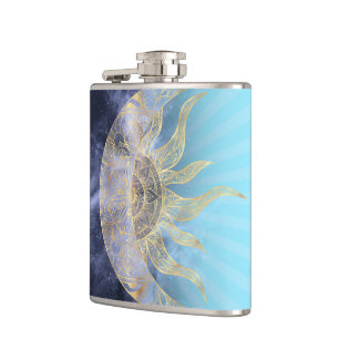 Gold Moon Sun Mandala Celestial Design Hip Flask
