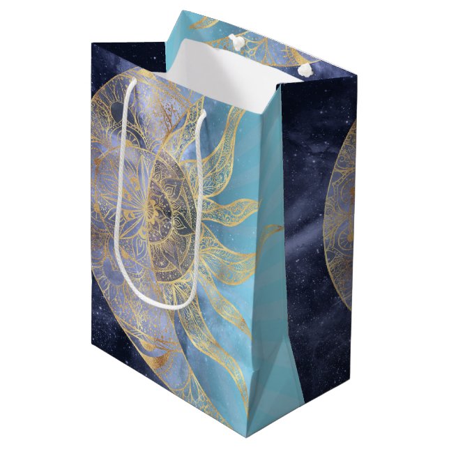 Gold Moon Sun Mandala Celestial Design Medium Gift Bag (Front Angled)