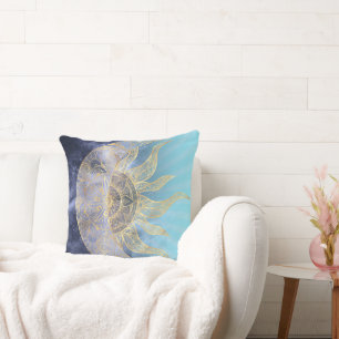 Gold Moon Sun Mandala Celestial Design Throw Pillow