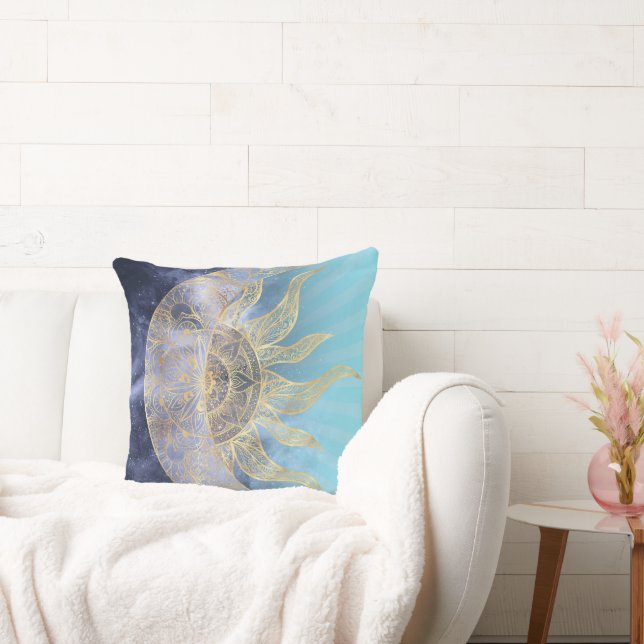 Gold Moon Sun Mandala Celestial Design Throw Pillow (Couch)