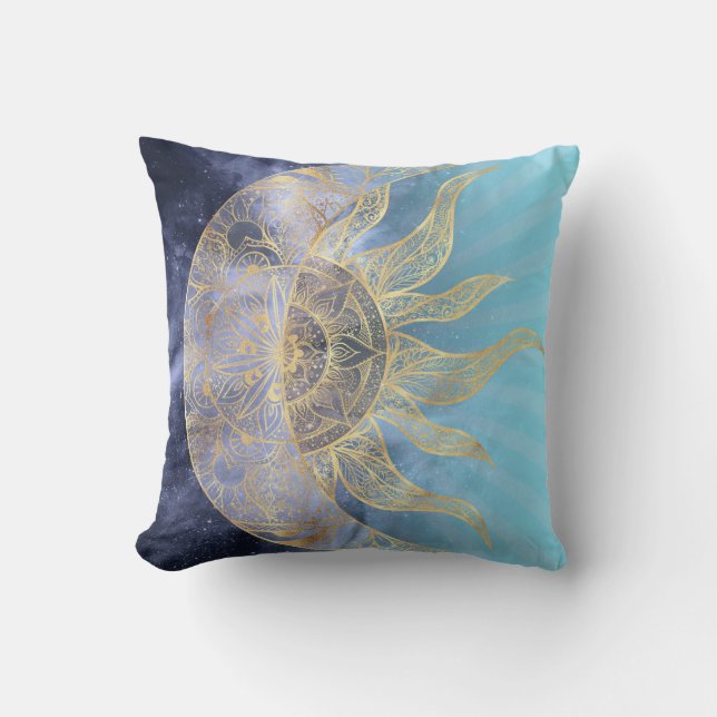 Gold Moon Sun Mandala Celestial Design Throw Pillow (Front)