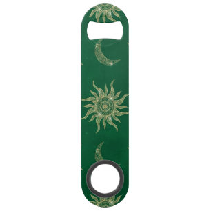 Gold Moon Sun Mandala Green Pattern Bar Key