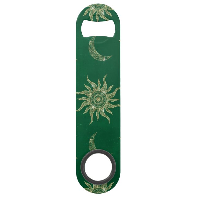 Gold Moon Sun Mandala Green Pattern Bar Key (Front)