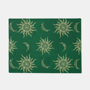 Gold Moon Sun Mandala Green Pattern Doormat