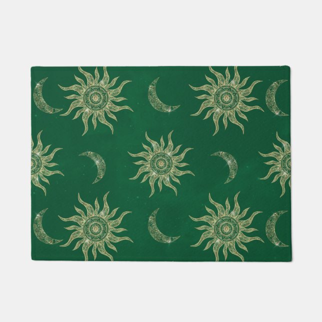 Gold Moon Sun Mandala Green Pattern Doormat (Front)
