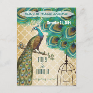 Gold Moroccan Tile Peacock Birdcage Save the Date Announcement Postcard