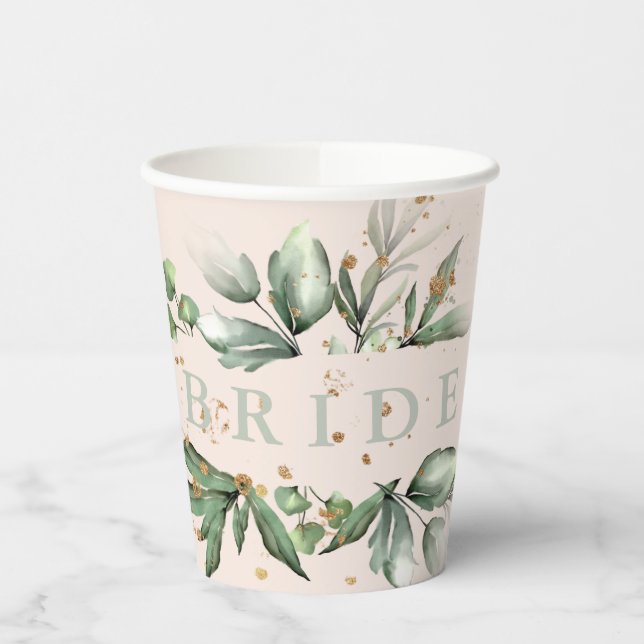 Gold Moss Eucalyptus Modern Blush Bridal Shower Paper Cups (Left)
