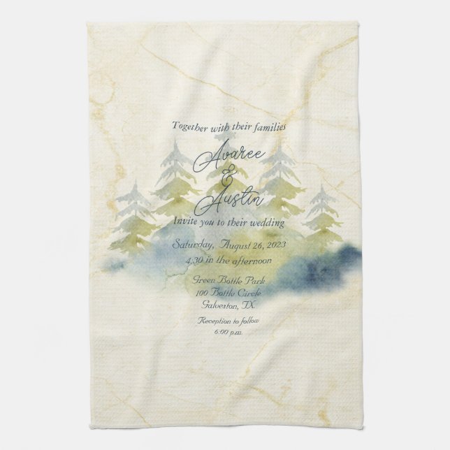 Gold Mountain Backdrop Green Blue Trees Invitation Kitchen Towel (Vertical)