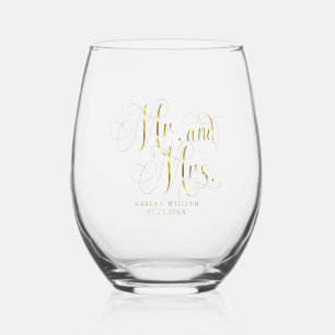 Gold Mr. and Mrs. Elegant Script Typography Stemless Wine Glass