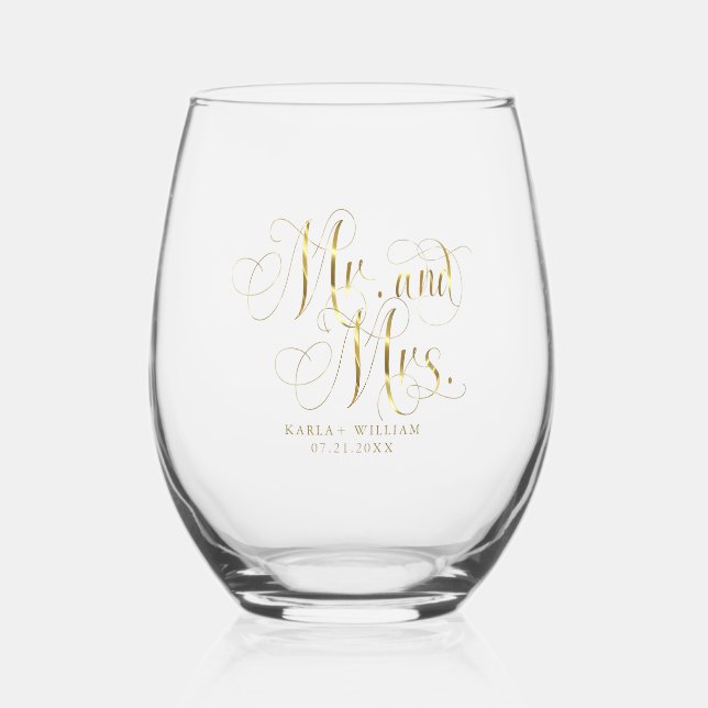 Gold Mr. and Mrs. Elegant Script Typography Stemless Wine Glass (Front)