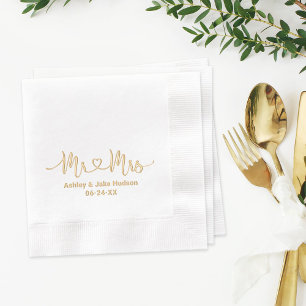 Gold Mr and Mrs Heart Script Wedding Foil Napkins