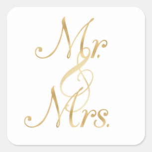 Gold Mr. & Mrs. stickers, foil font, square Square Sticker