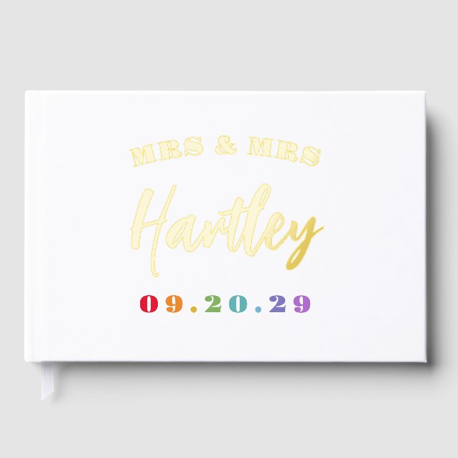 Gold Mrs & Mrs Rainbow Date Lesbian Wedding Guest Book (Front)