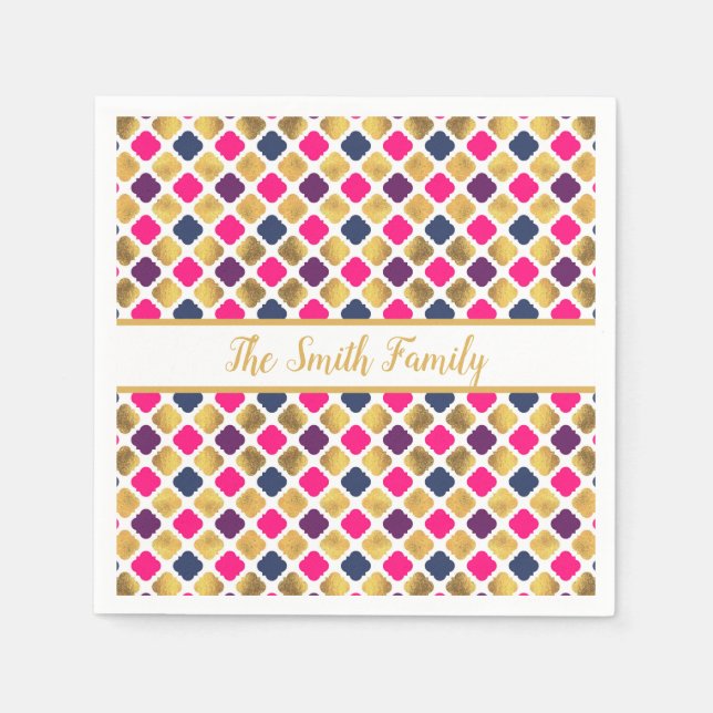 Gold Multicolor Quatrefoil Pattern  Napkin (Front)