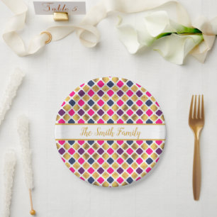 Gold Multicolor Quatrefoil Pattern Paper Plate