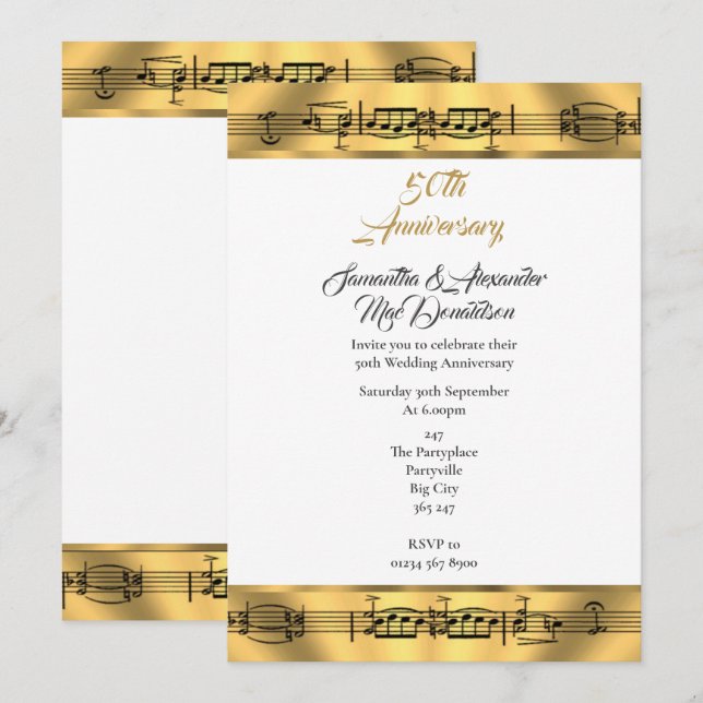 Gold music 50th wedding anniversary invitation (Front/Back)