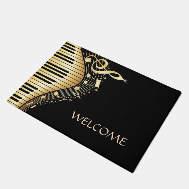 Gold Music Note Over Black Background Doormat (Angled)