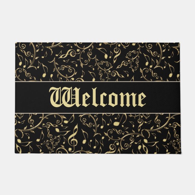 Gold Music Notes Customizable Colour Welcome Mat (Front)