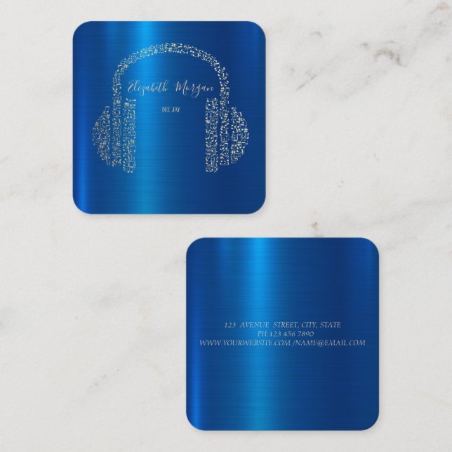Gold Music Notes Headphone DJ Blue Metallic Square Business Card (Front/Back)