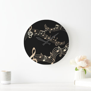 Gold Music Notes on Black Medium Large Clock