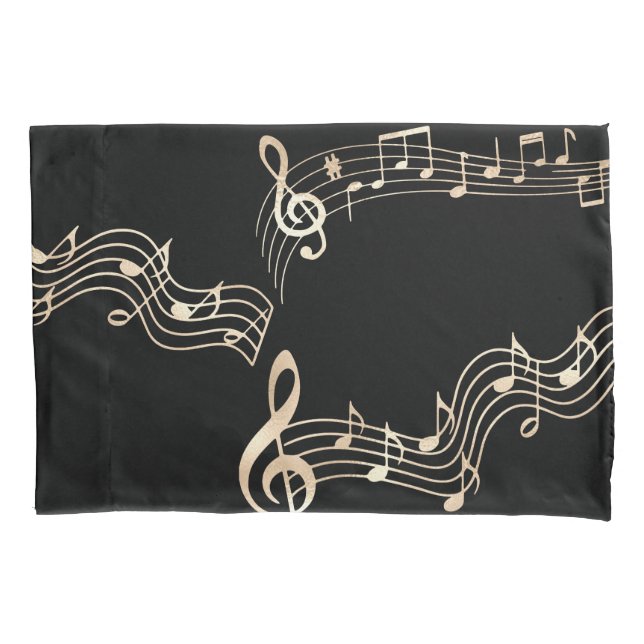 Gold Music Notes on Black Medium Pillowcase (Front)