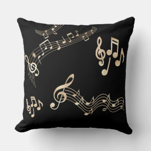 Gold Music Notes on Black Medium Throw Pillow