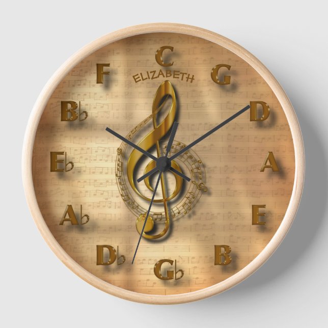 Gold Music Treble Clef Clock With Circle Of Fifths (Front)