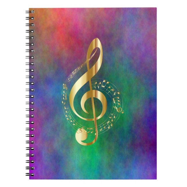 Gold Music Treble Clef on Colourful Rainbow Colour Notebook (Front)