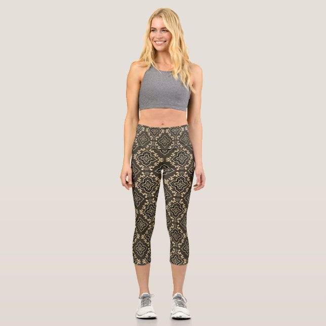 Gold n Brown Geometric Pattern / Indian Print  Capri Leggings (Front)