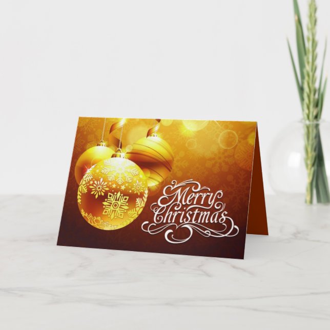 Gold n White Merry Christmas Ornaments Snowflakes Holiday Card (Front)