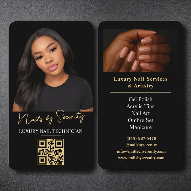 Gold Nails Technician QR Code Luxury Black  Business Card (Creator Uploaded)